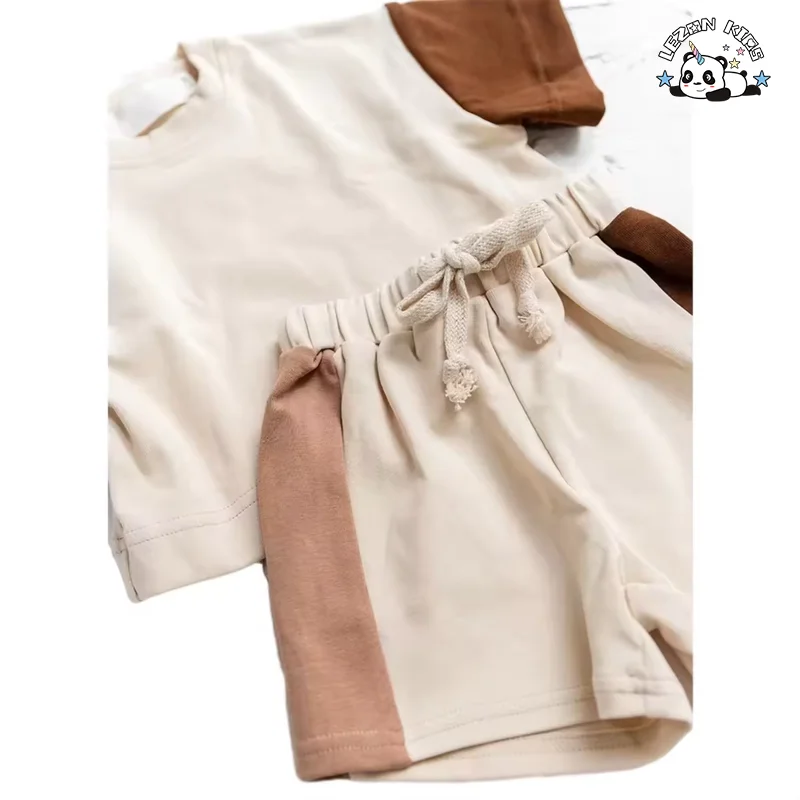 LEZONKIDS - Conjunto de 2 Peças para Meninas Novo Estilo Camiseta Manga Curta e Shorts Bloco de Cores Conjunto de Esporte Infantil
